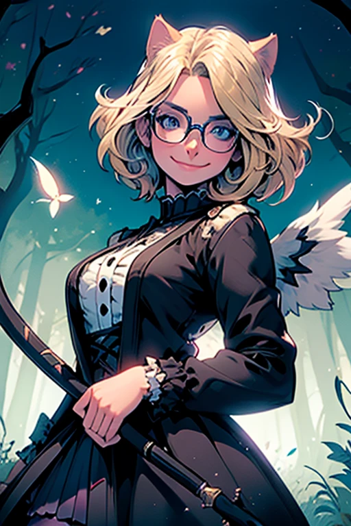 Perfect face. Perfect hands. A blonde haired woman with blue eyes and glasses and blonde cat ears and a cat tail and white wings and short hair in a Gothic dress is smiling while spinning a scythe in the creepy forest