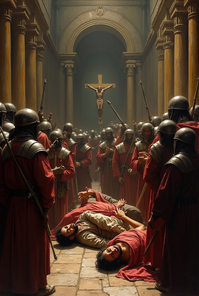 Generals killed in battle, fire, walls, kneeling people, blood stains, weapons stuck in their bodies, a person