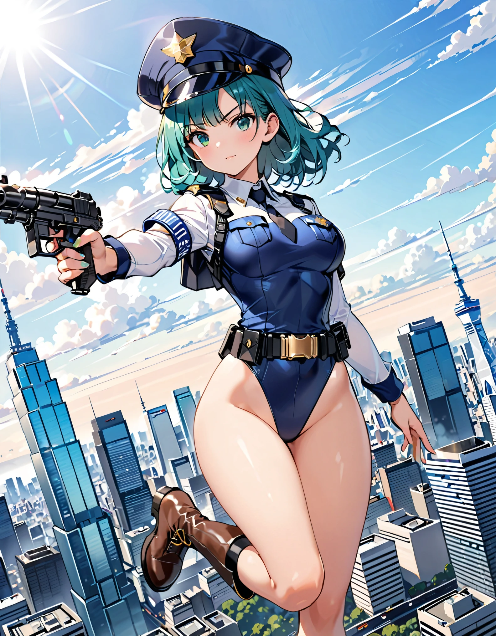 (masterpiece), (best quality), (high res),1girl, tall body, teal hair, medium hair, long bangs, green eyes, beautiful detailed eyes, beautiful detailed face, cute face, perfect hands, complete fingers, perfect anatomy, perfect proportions, ((hat, dark blue police hat)), ((leotard, matching leotard, bare legs)), ((boots, matching boots)), breasts, medium breasts, fingerless gloves, (full body portrait), solo, solo focus, dynamic flying pose, flying over the city, she is flying over the skies, serious expression, looking away, police uniform, tokyo skyline backdrop, outdoors, daytime (high waisted belt, tight belt), (armbands, long white sleeves), using a Blastech DL-44 Heavy Blaster Pistol, full body costume design, dutch angle, sfw