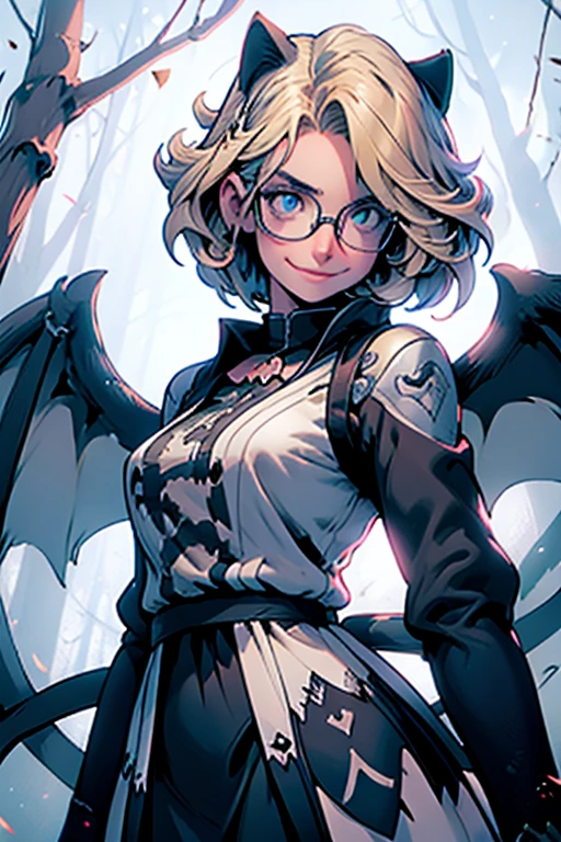 Perfect face. Perfect hands. A blonde haired woman with blue eyes and glasses and blonde cat ears and a cat tail and white wings and short hair in a Gothic dress is smiling while spinning a scythe in the creepy forest