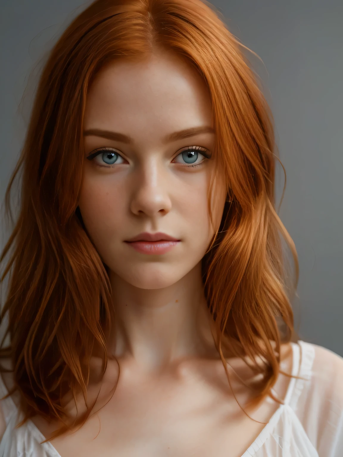 (masterpiece, best quality:1.2), ((1 girl, solo)), irish, slim, beautiful redhead, long ginger hair, (standing), plain gray background, masterpiece, HD high quality, 8K ultra high definition, ultra definition, looking straight at the camera, face portrait, close up, from the front