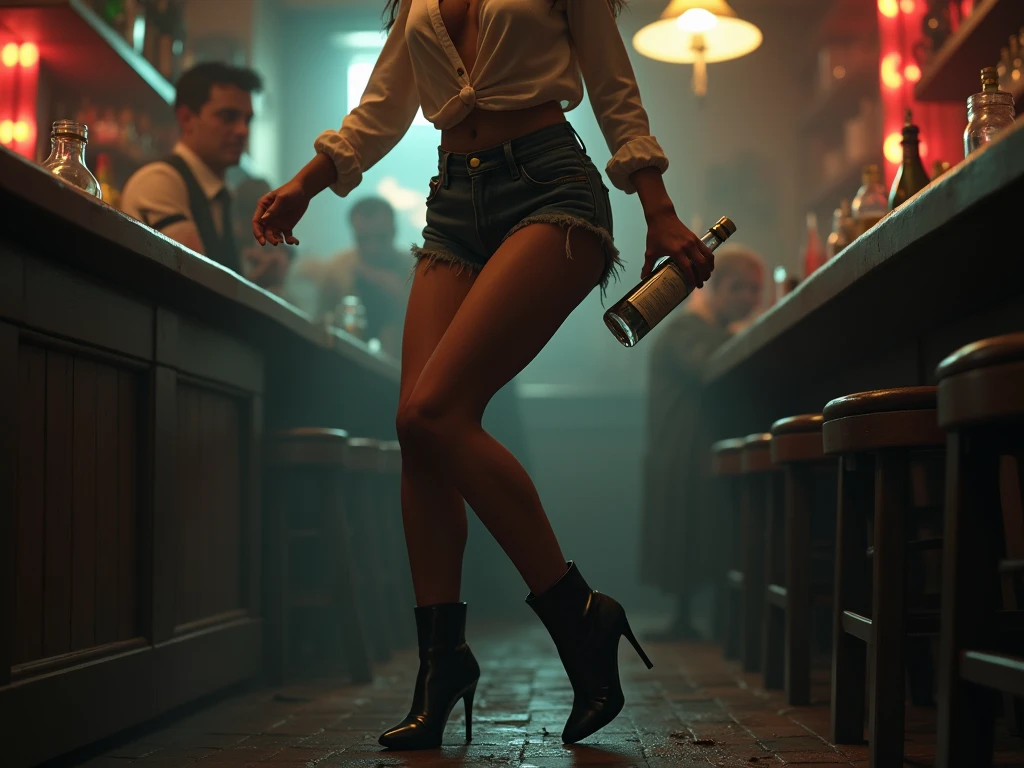 slavic teen raver girl bending over the oak wood bar at the techno rave, short haircut, knees on the stool, dim lights, cocktail glasses, creepy foggy dancefloor, drunk alkoholic milf teacher bending over the stool to get Bottle of Vodka over for her horny studenst