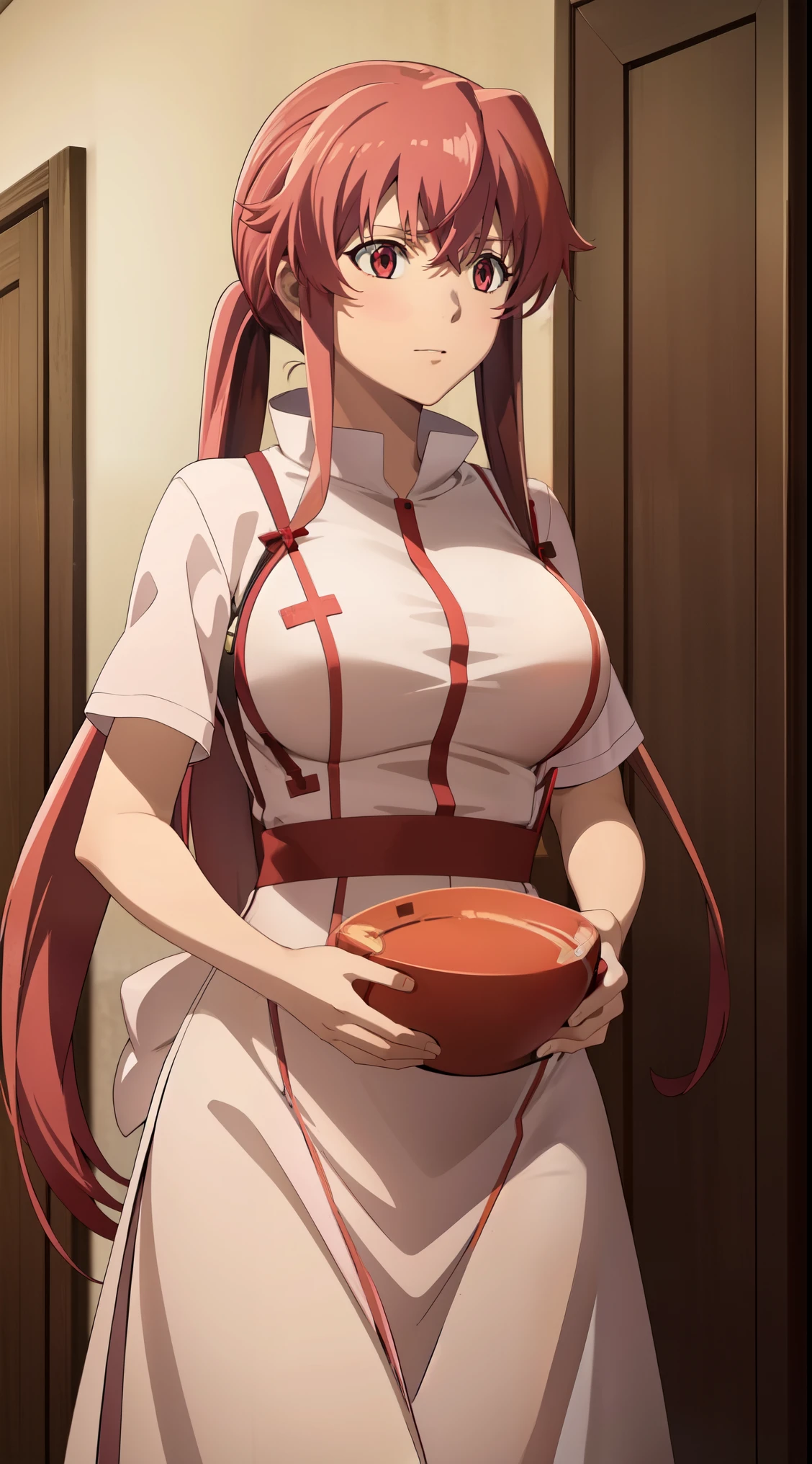 anime_still, masterpiece, best quality, 1girl, mine, Yuno, (((red hair))), (large breasts:1.5), two twintails, long hair, solo focus, light red hair , red eyes, nurse clothes, (perfect hands:1.4), (masterpiece), nurse, apron