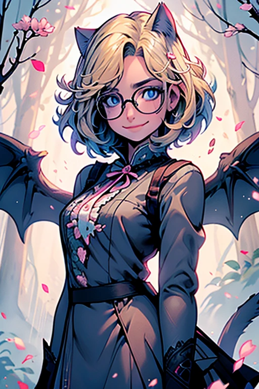 Perfect face. Perfect hands. A blonde haired woman with blue eyes and glasses and blonde cat ears and a cat tail and white wings and short hair in a Gothic dress is smiling in flurry of peony petals in the creepy forest