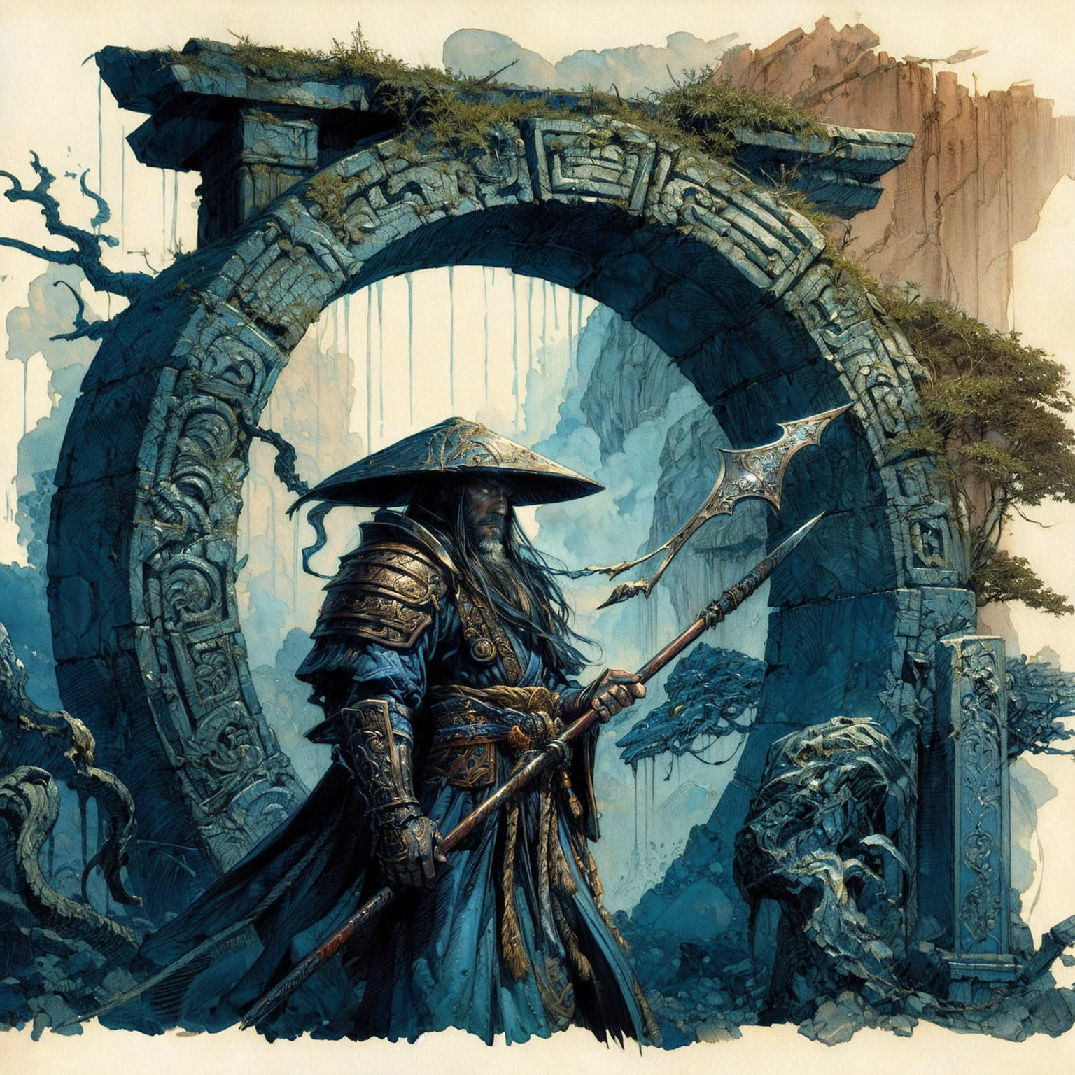 a painting of a man with a long beard and a hat holding a scythe, symmetrical epic fantasy art, traditional japanese concept art, epic elder scrolls art, ancient warrior, inspired by Kanō Hōgai, by Tyler Jacobson, dungeons and dragons art, inspired by Noah Bradley, standing astride a gate, highly detailed fantasy art, noah bradley. sharp focus