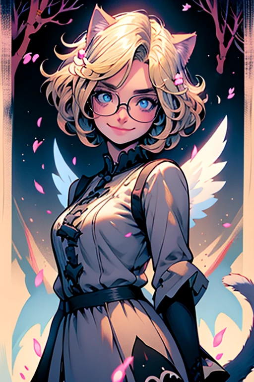 Perfect face. Perfect hands. A blonde haired woman with blue eyes and glasses and blonde cat ears and a cat tail and white wings and short hair in a Gothic dress is smiling in flurry of peony petals in the creepy forest
