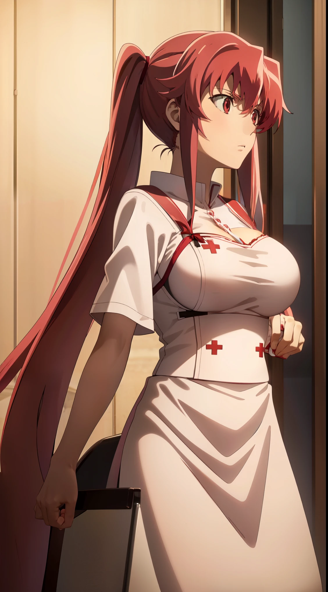 anime_still, masterpiece, best quality, 1girl, mine, Yuno, (((red hair))), (large breasts:1.5), two twintails, long hair, solo focus, light red hair , red eyes, nurse clothes, (perfect hands:1.4), (masterpiece), nurse, apron