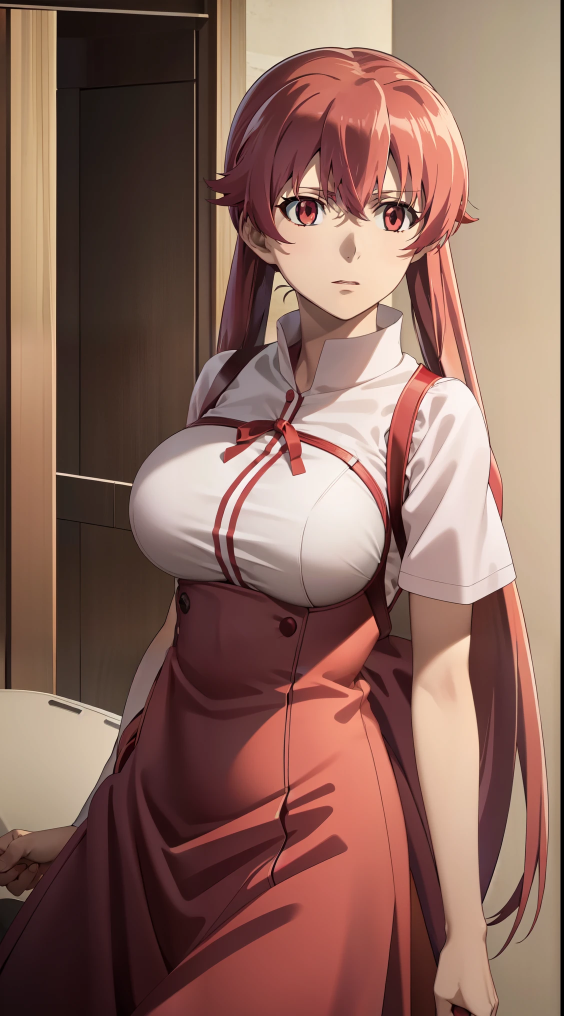 anime_still, masterpiece, best quality, 1girl, mine, Yuno, (((red hair))), (large breasts:1.5), two twintails, long hair, solo focus, light red hair , red eyes, nurse clothes, (perfect hands:1.4), (masterpiece), nurse, apron