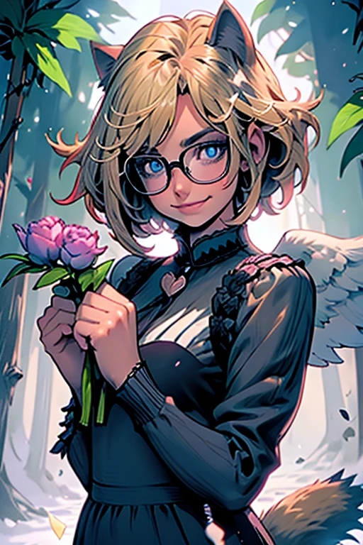 Perfect face. Perfect hands. A blonde haired woman with blue eyes and glasses and blonde cat ears and a cat tail and white wings and short hair in a Gothic dress is smiling with a bouquet of peonies in the creepy forest
