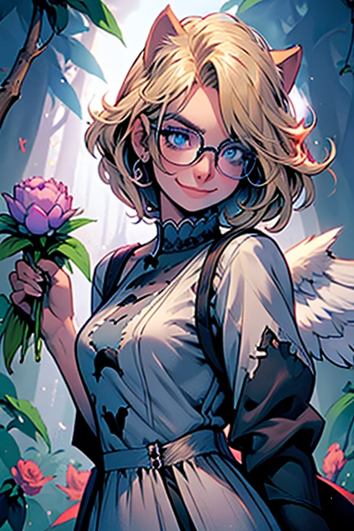 Perfect face. Perfect hands. A blonde haired woman with blue eyes and glasses and blonde cat ears and a cat tail and white wings and short hair in a Gothic dress is smiling with a bouquet of peonies in the creepy forest