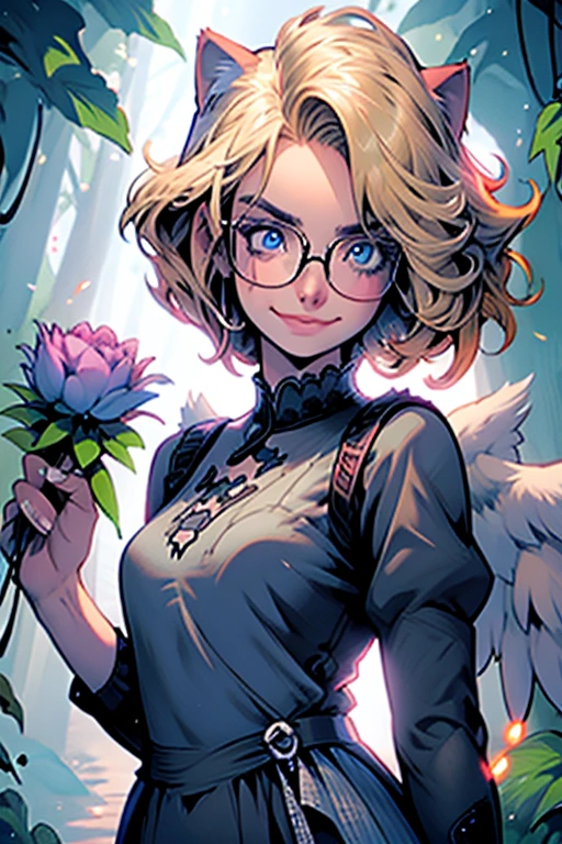 Perfect face. Perfect hands. A blonde haired woman with blue eyes and glasses and blonde cat ears and a cat tail and white wings and short hair in a Gothic dress is smiling with a bouquet of peonies in the creepy forest