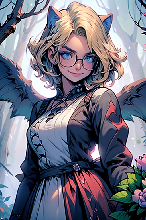 Perfect face. Perfect hands. A blonde haired woman with blue eyes and glasses and blonde cat ears and a cat tail and white wings and short hair in a Gothic dress is smiling with a bouquet of peonies in the creepy forest