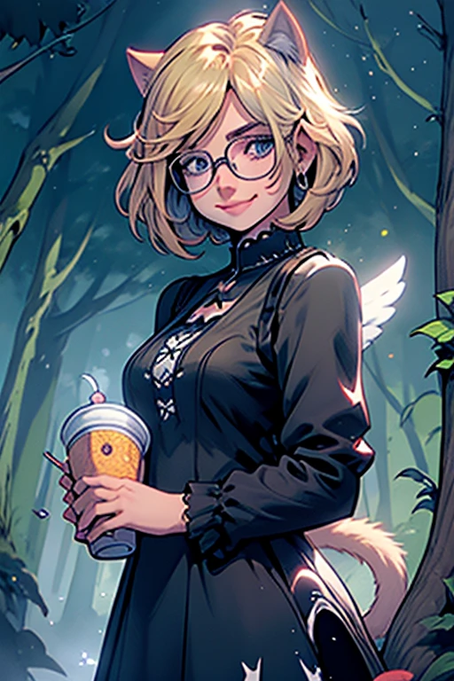 Perfect face. Perfect hands. A blonde haired woman with blue eyes and glasses and blonde cat ears and a cat tail and white wings and short hair in a Gothic dress is smiling while drinking tea in the creepy forest