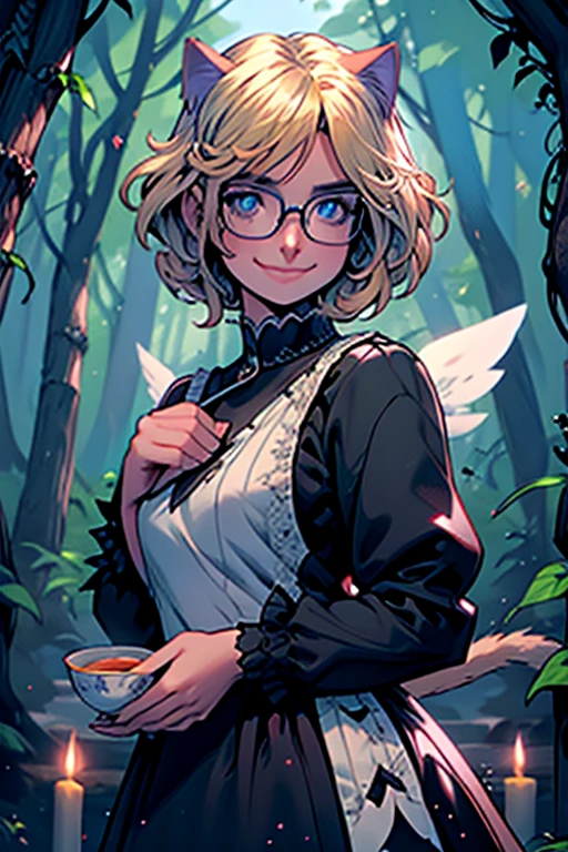 Perfect face. Perfect hands. A blonde haired woman with blue eyes and glasses and blonde cat ears and a cat tail and white wings and short hair in a Gothic dress is smiling while drinking tea in the creepy forest