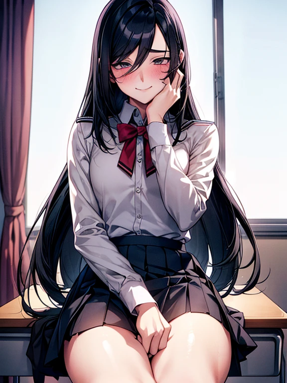 femboy, Beautiful crossdresser boy who can't hide his erection，high school student，Classroom，Beautiful boy with long black hair，(His erect penis is pushing up his skirt.)，smile,embarrassed，He is embarrassed and hides his face in his hands.，His skirt bulges out to fit the shape of his erect penis.