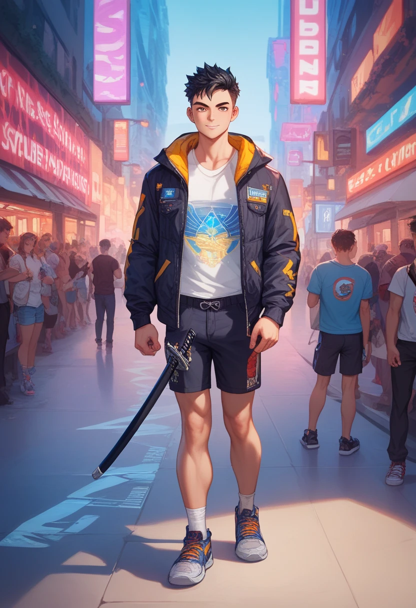 (((Best quality, 8k, Masterpiece: 1.3)), ((best quality)), ((masterpiece)), (detailed), perfect face, perfect body, (detailed skin:1.3), (intricate details), A young samurai boy with messy black hair stands in a dynamic pose on a bustling street of a near-future megacity. He wears modern, casual clothing, including a hoodie and sneakers, contrasted with the traditional elegance of the katana he wields in his right hand. His left hand is raised high, as if signaling or preparing for action, while neon lights from towering skyscrapers and holographic advertisements illuminate the urban setting. The streets are crowded with futuristic vehicles and people, but the boy’s focused expression and poised stance make him stand out as a striking figure in this fusion of tradition and modernity.