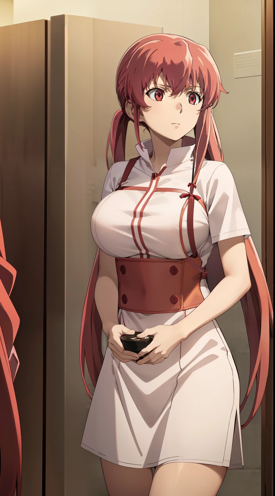 anime_still, masterpiece, best quality, 1girl, mine, Yuno, (((red hair))), (large breasts:1.5), two twintails, long hair, solo focus, light red hair , red eyes, nurse clothes, (perfect hands:1.4), (masterpiece), nurse, apron, (light tomorrow)