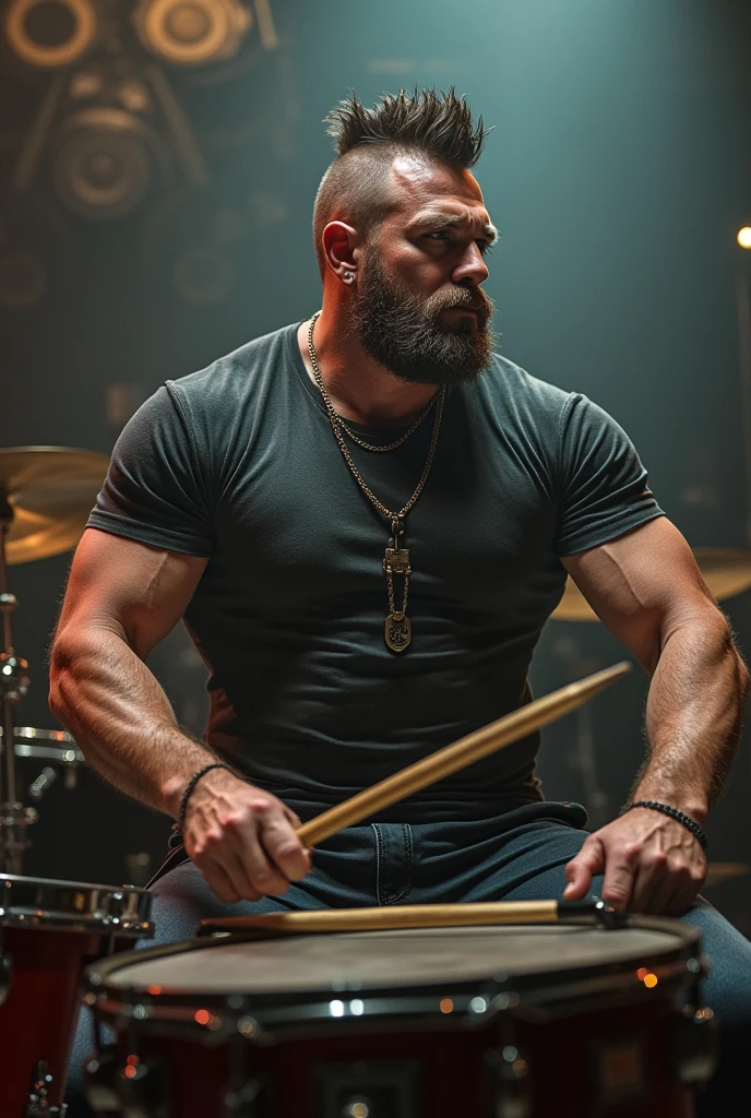 Muscular man with tattoos wearing a sleeveless shirt and beret and reading glasses playing drums at a concert