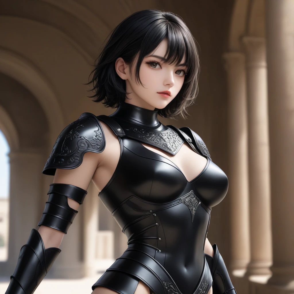 woman with sexy armor, shorth hair, Bblack hair, voluminous body, png image, mature woman, nsfw, sexy outfit, seducing gaze