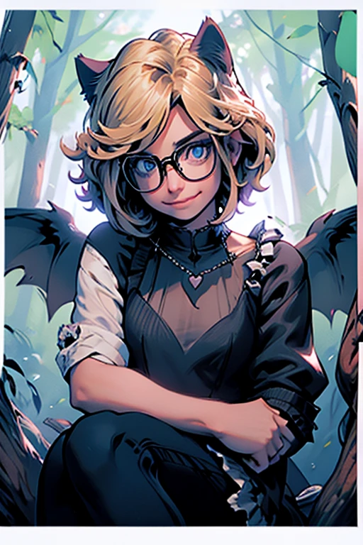 Perfect face. Perfect hands. A blonde haired woman with blue eyes and glasses and blonde cat ears and a cat tail and white wings and short hair in a Gothic dress is smiling while sitting on a log in the creepy forest