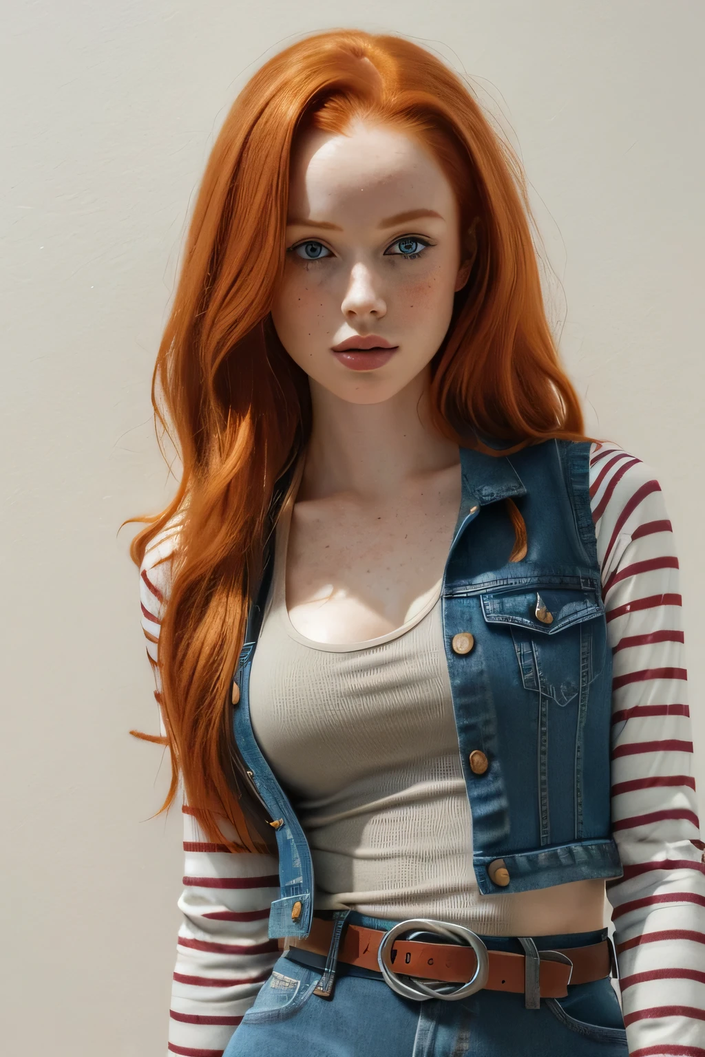 1girl in, age21, Madelaine Petsch, photo of perfect woman, 5'3", Solo, Aesthetic artwork, (irish  redhead, wavy ginger hair, shoulder length ginger hair:1.25), (some small freckles, pale skin, small breasts, B-cup, runners body, very thin waist, skinny, petite, detailed skin texture), (blank background, plain background, blank wall, (wearing an black tank top, denim vest, striped long sleeves, denim skirt, belt, android 18), (extremely detailed 8k wallpaper), soft lighting, high quality, film grain, Fujifilm XT3 sharp focus, f 5.6, 50mm, High Detail, Sharp focus,(natural light), crazy details, complex details, hyper detailed