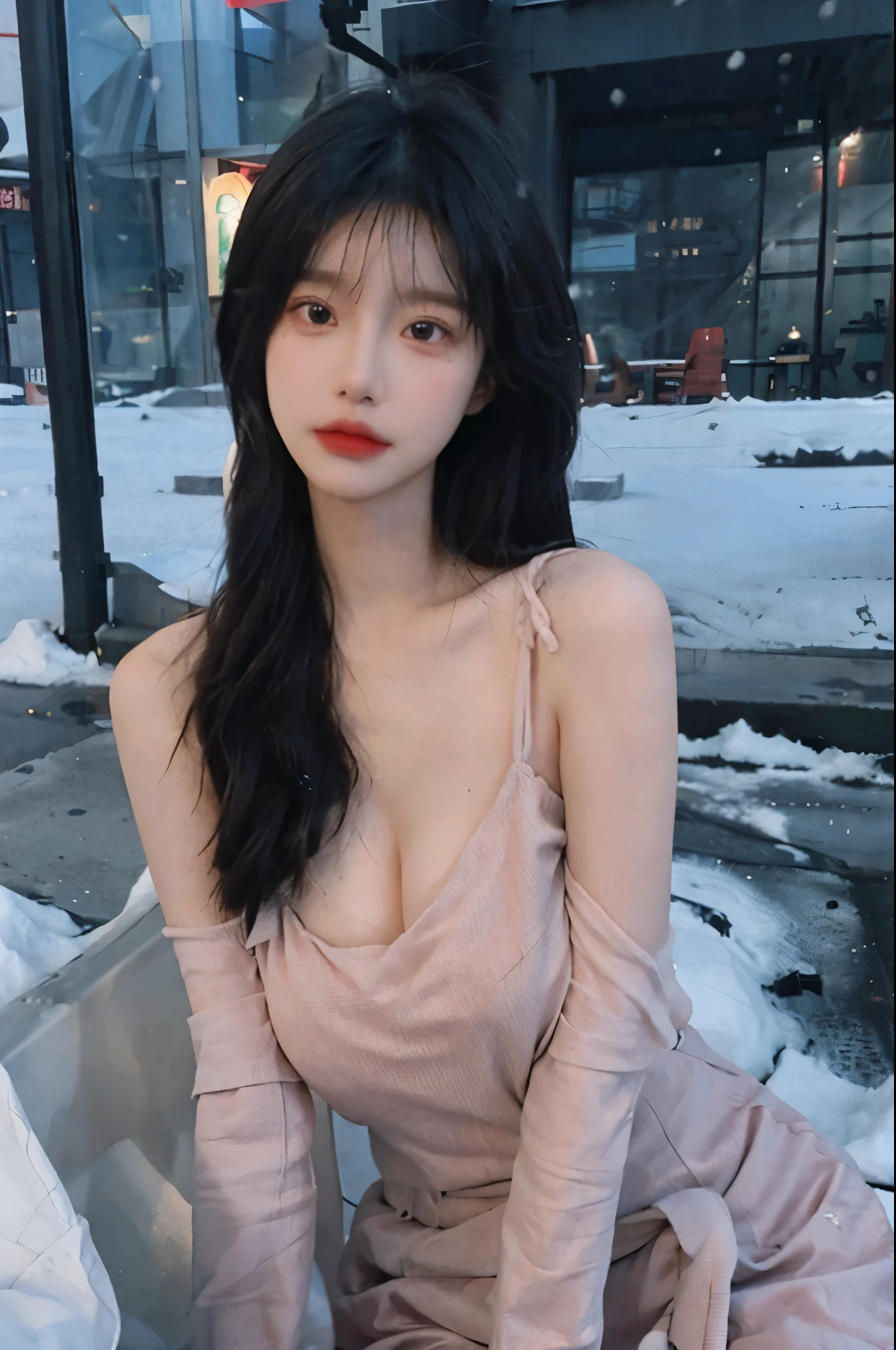  best quality，masterpiece， Ultra High Resolution ，（ Realistically Lying ：1.4），1 Girl，Big wavy hair，A pair of peach eyes ， sexy highlights ， snow-white transparent skin， Look directly at the audience ，Beautiful woman with a slender figure full of atmosphere ，Cleavage is very attractive ，，（Red Skirt：1.8），（ upper body：1.4），