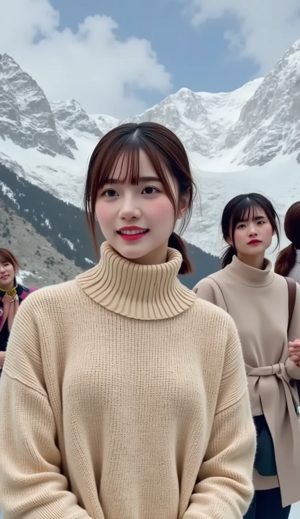  best quality,    absurd,    several people having fun with each other while having very detailed , Alps in the background , ((( 1 girl, One person))) , (((Please stare at the top   :1.2)))、   and put your hair down、High neck knit、 Beige knit