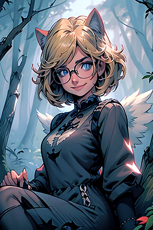 Perfect face. Perfect hands. A blonde haired woman with blue eyes and glasses and blonde cat ears and a cat tail and white wings and short hair in a Gothic dress is smiling while sitting on a log in the creepy forest