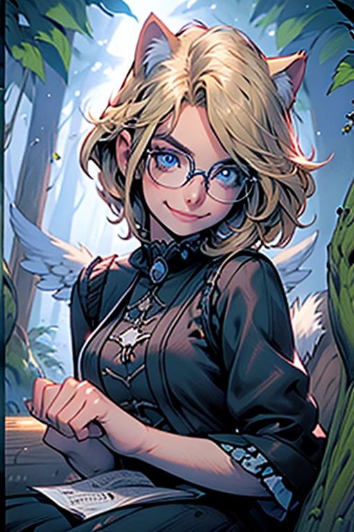 Perfect face. Perfect hands. A blonde haired woman with blue eyes and glasses and blonde cat ears and a cat tail and white wings and short hair in a Gothic dress is smiling while sitting on a log in the creepy forest