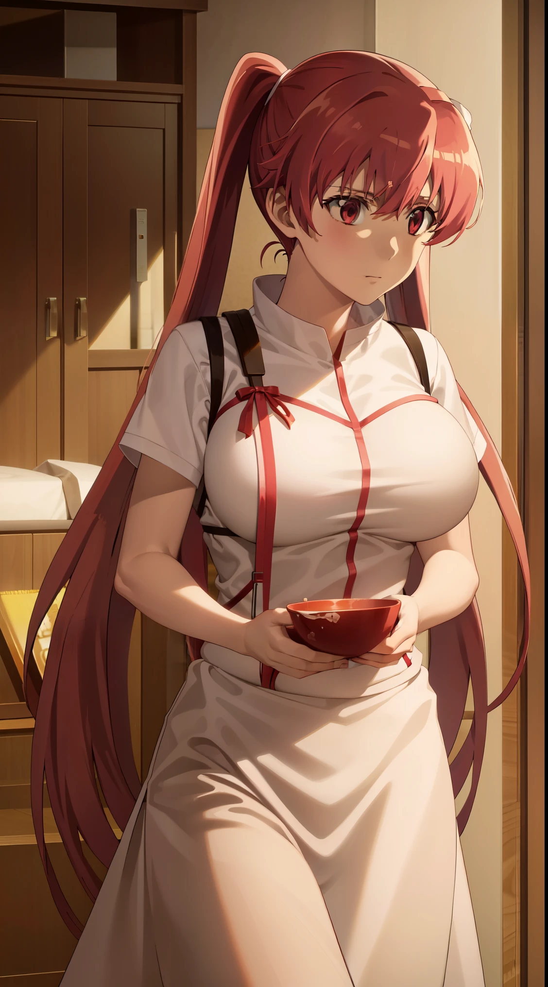 anime_still, masterpiece, best quality, 1girl, mine, Yuno, (((red hair))), (large breasts:1.5), two twintails, long hair, solo focus, light red hair , red eyes, nurse clothes, (perfect hands:1.4), (masterpiece), nurse, apron, (light tomorrow)