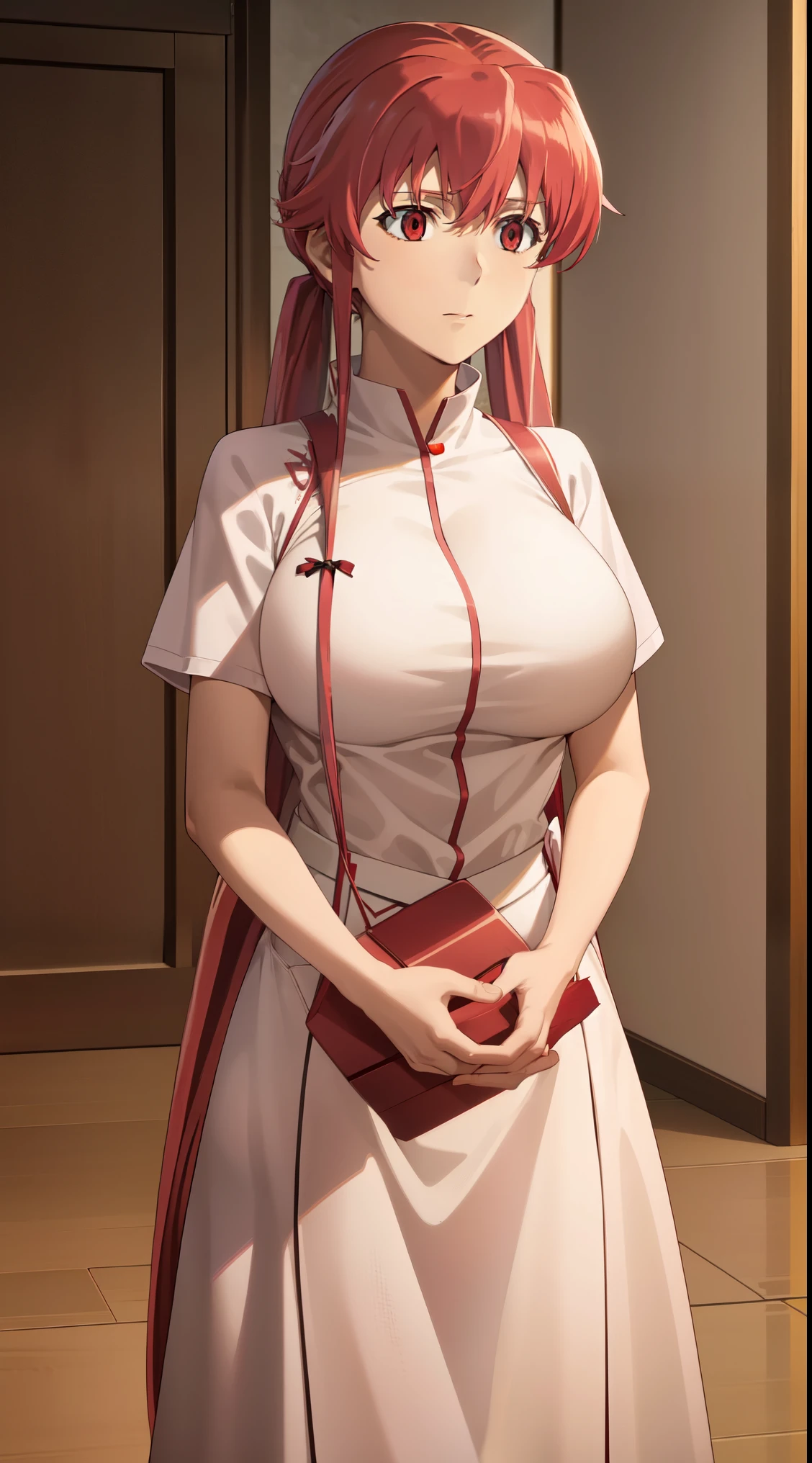 anime_still, masterpiece, best quality, 1girl, mine, Yuno, (((red hair))), (large breasts:1.5), two twintails, long hair, solo focus, light red hair , red eyes, nurse clothes, (perfect hands:1.4), (masterpiece), nurse, apron, (light tomorrow)