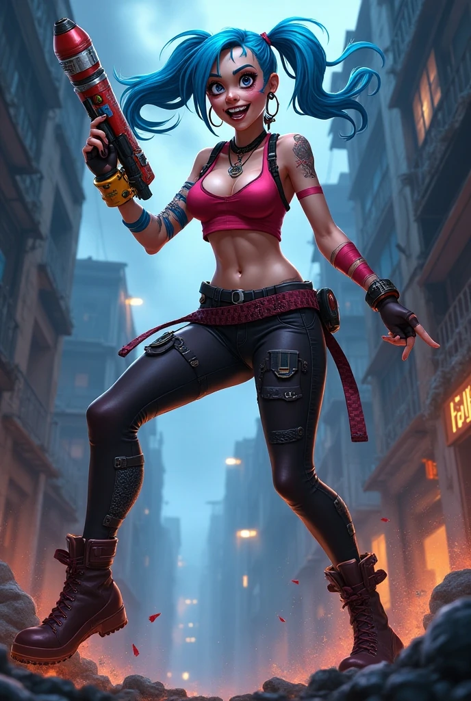 (best quality, highres:1.2), 1character, hot and curvaceous, detailed revealing outfit, white midriff tanktop, sexy shorts exposing panties up to hips, leather knee-high boots, Harley Quinn style, red and blue pigtails, baseball bat prop, HDR lighting, vivid colors, studio environment, extreme detail description, physical-based rendering, sharp focus, extreme curvature, revealing description, leather textures, confident pose, mid-shot, half body picture, full-frame appearance, provocative smirk, seductive eyes, bandana, belt with bat symbol, exposed shoulder, tattoos on arms, thigh-high socks, sexy and confident.