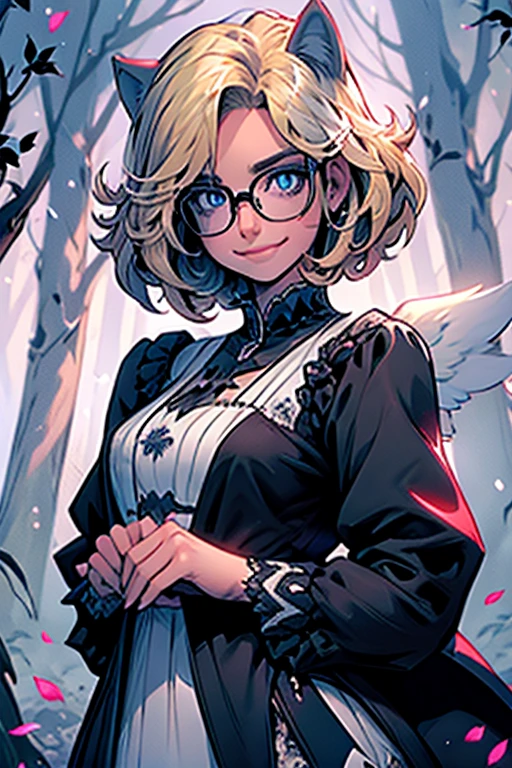 Perfect face. Perfect hands. A blonde haired woman with blue eyes and glasses and blonde cat ears and a cat tail and white wings and short hair in a Gothic dress is smiling while holding a single peony petal  in the creepy forest