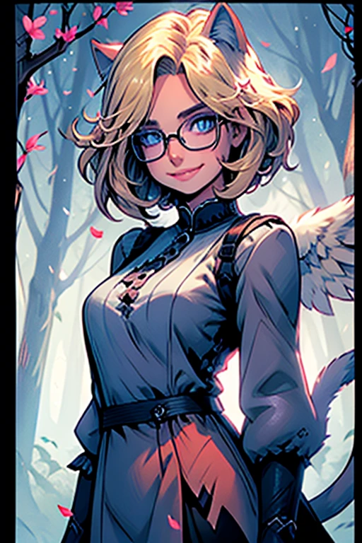 Perfect face. Perfect hands. A blonde haired woman with blue eyes and glasses and blonde cat ears and a cat tail and white wings and short hair in a Gothic dress is smiling while holding a single peony petal in the creepy forest