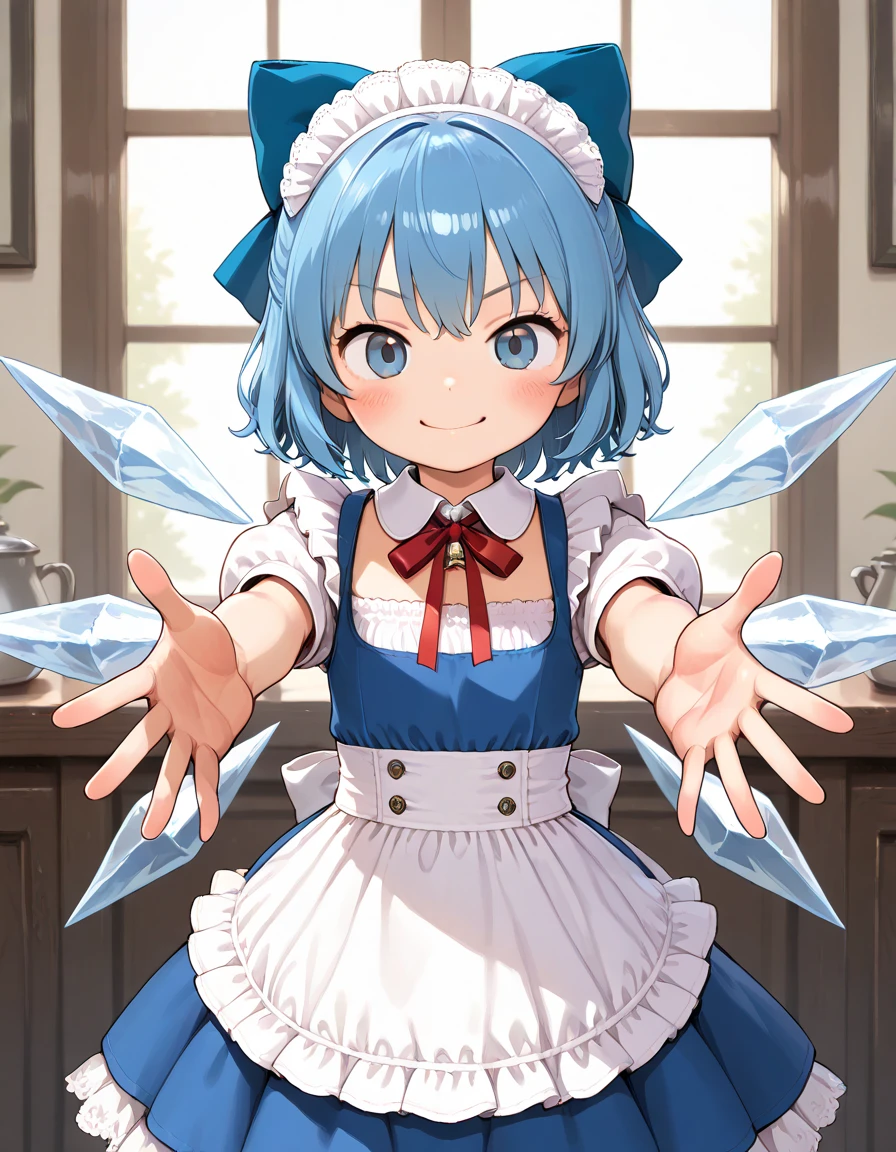 Cirno, maid clothes,  smile, Hands outstretched, 