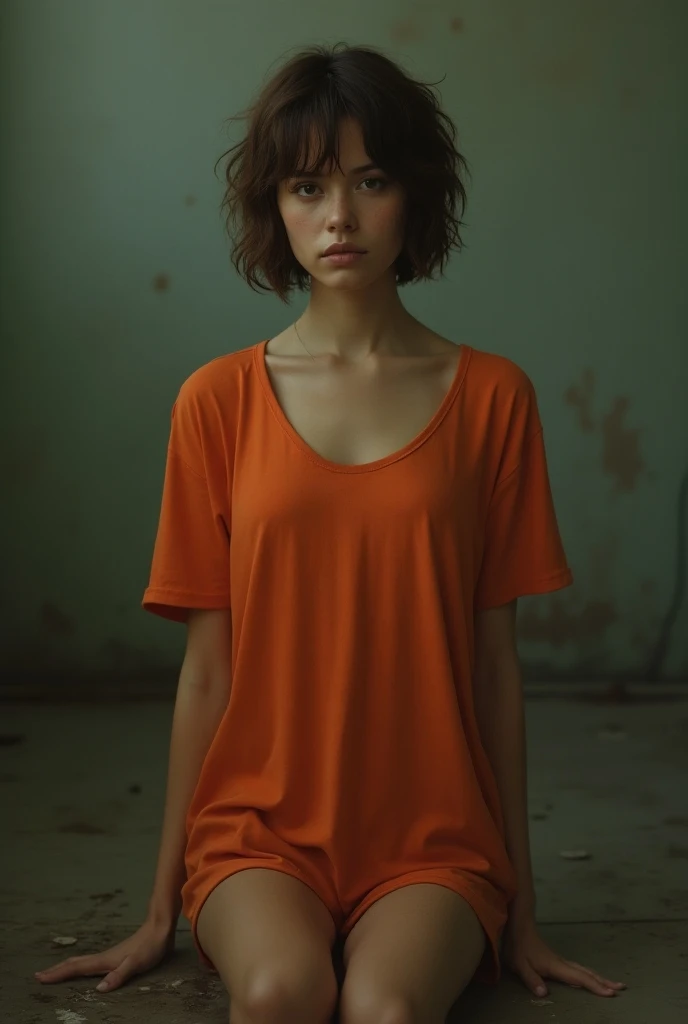 ((realism)), extremely high quality RAW photograph, detailed background, intricate, messy hair, Exquisite details and textures, highly detailed, Photo of (Allison Mack) in a prison cell, (wearing orange prison clothes:1.3), Looking away from the camera, ultra detailed photograph, warm lighting, artstation, 4k, sharp focus, high resolution, detailed skin, detailed eyes, 8k uhd, dslr, low harsh lighting, high quality, film grain, Fujifilm XT3, sad:1.3