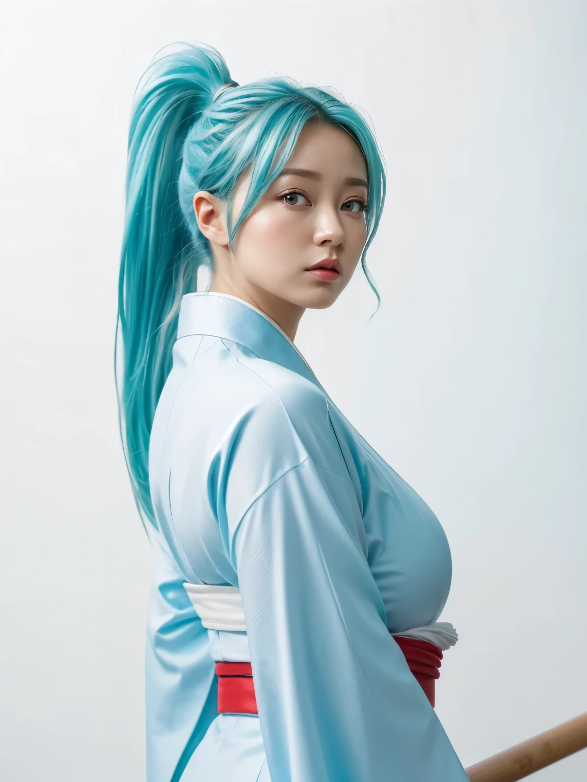 (highest quality:1.2, masterpiece:1.2), 8k, Professional Lighting, Cinematic Lighting, meikodef,  ultra realistic  & detailed portrait of Botan, YunYu Hakushi, peony, (light blue hair, ponytail), ((long sleeve Kimono, bare foots)), (detailed eyes, perfect eyes, fine eyes, clear eyes), (((no backgrounds, white backgrounds))), ultra huge breasts, ultra huge cleavages, ultra huge tits, ultra huge boob, standing, grabbing ultra realistic wooden oar, grabbing ultra detailed wooden oar,