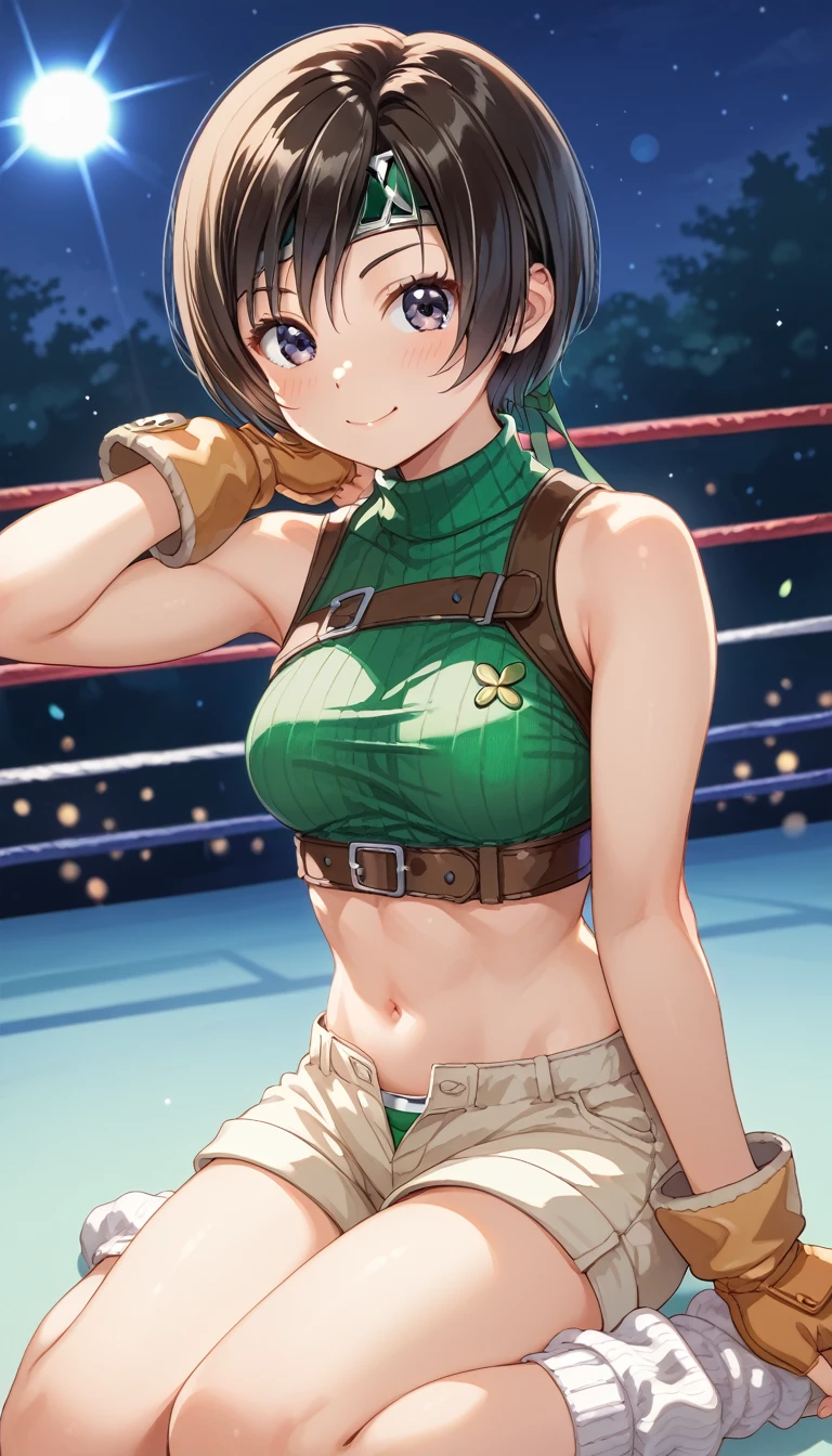 high resolution, (mixed wrestling), girl victory, ,(mesugaki), the girl is young, short, the girl has slender body, (the girl is cute), dark brown hair, straight short Hair, (Yuffie=Kisaragi), green cropped fitted turtleneck knit sleeveless shirt、 off-button beige shorts、 white loose socks、Shoulder rest、belly button、jitome, night、こちらに向けて指を指す、