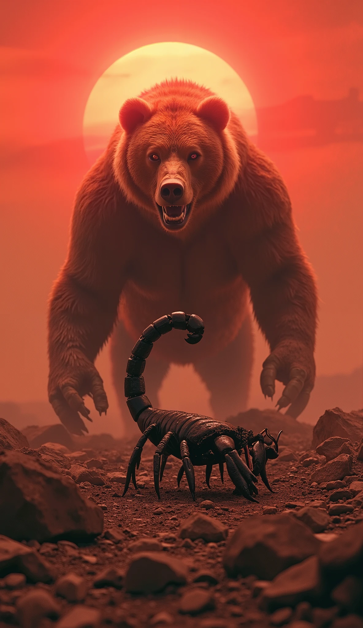 Horror scene, outlast, silent hill atmosphere. A giant brown bear and an enormous scorpion stand in a rocky desert, their eyes fixed on each other. The bear’s powerful frame looms over the rocky terrain, while the scorpion’s pincers click menacingly. Dust swirls around them, under a blood-red sunset, creating a sense of impending doom, (Ultra-realistic, 32k, Masterpiece, High Quality, Detailed Realistic Background, Official Art, Realistic Lighting, filmfotos, film grain, reversal film photography), Mysterious