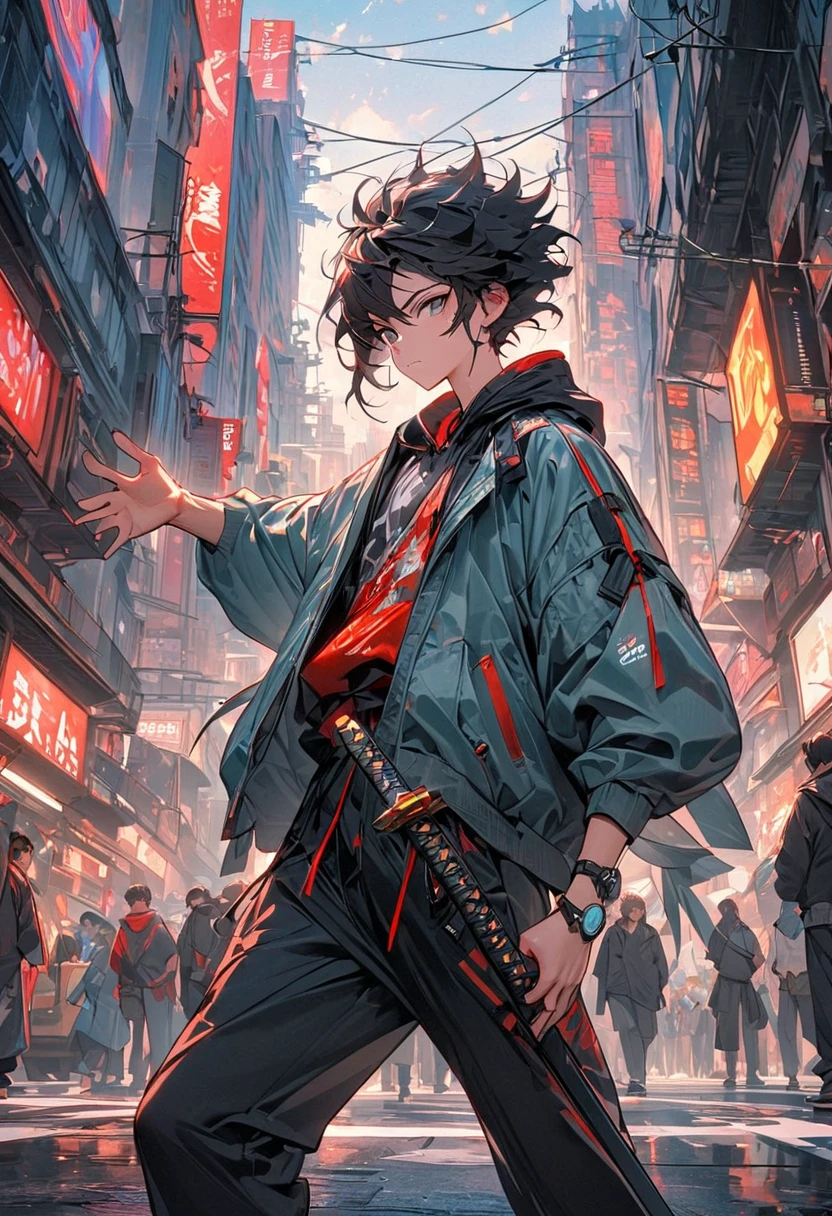 (((Best quality, 8k, Masterpiece: 1.3)), ((best quality)), ((masterpiece)), (detailed), perfect face, perfect body, (detailed skin:1.3), (intricate details), A young samurai boy with messy black hair stands in a dynamic pose on a bustling street of a near-future megacity. He wears modern, casual clothing, including a hoodie and sneakers, contrasted with the traditional elegance of the katana he wields in his right hand. His left hand is raised high, as if signaling or preparing for action, while neon lights from towering skyscrapers and holographic advertisements illuminate the urban setting. The streets are crowded with futuristic vehicles and people, but the boy’s focused expression and poised stance make him stand out as a striking figure in this fusion of tradition and modernity.