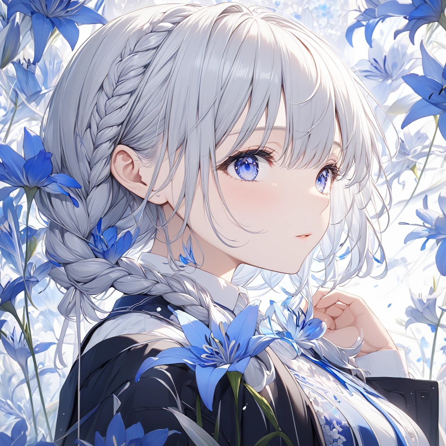 (masterpiece}, { high definition }, {Good anatomy}, ( best quality), ( Very Delicate and Beautiful ), (8k CG wallpaper), (Illustration),  1 girl, 
Silver Hair,  Blue Lily Flowers ,  white shirt, Black jacket,  Blue Skirt , Partial Braids ,  Observing Eyes 、 Close Your Neck and Look