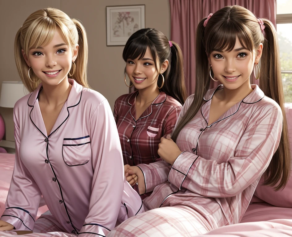 A group of young women are having a slumber party, they've caught a guy who snuck in, they're holding himndown on the bed, (((wearing pajamas))) pink colors, lots of characters, multiple characters, group, Anatomically Correct, Masterpiece, High Resolution, Long Hair, Short Hair, Blonde Hair, Bangs, Brown Hair, Black Hair, Twintails, Hair Between Eyes, Breasts, Large breasts, Earrings, Hoop Earrings, Smile, Blush, Open Mouth, Grin, Makeup, Embarrassed, Happy, Surprised, 