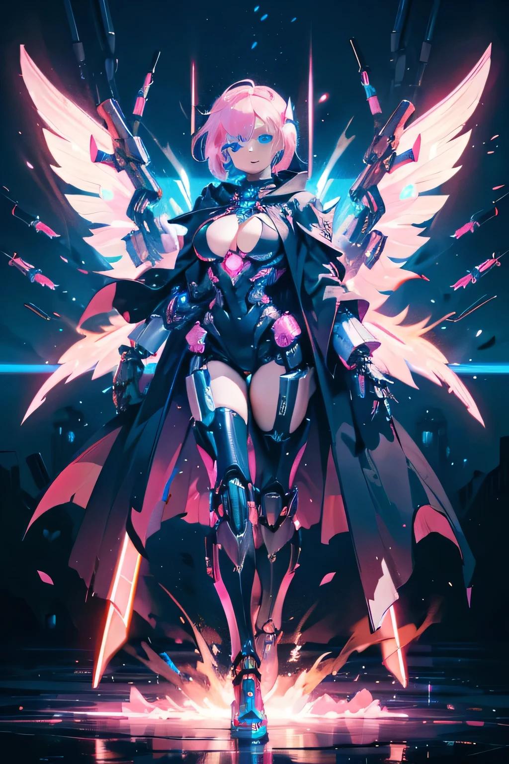 (masterpiece, top quality, best quality, official art, beautiful, cosmic, atmospheric, psychedelic, dreamlike, swirling psychedelic cosmic graffiti patterns,,aesthetic:1.2), (1girl, neon blue hair, mecha, beautiful, sexy, beautuful highly detailed hooded mecha battle armor, mecha angel wings, tons of tattoos and piercings, super huge enormously gigantic tits, cleavage showing), extreme detailed,(fractal art:1.3),colorful,highest detailed, cherry blossoms blowing in the wind