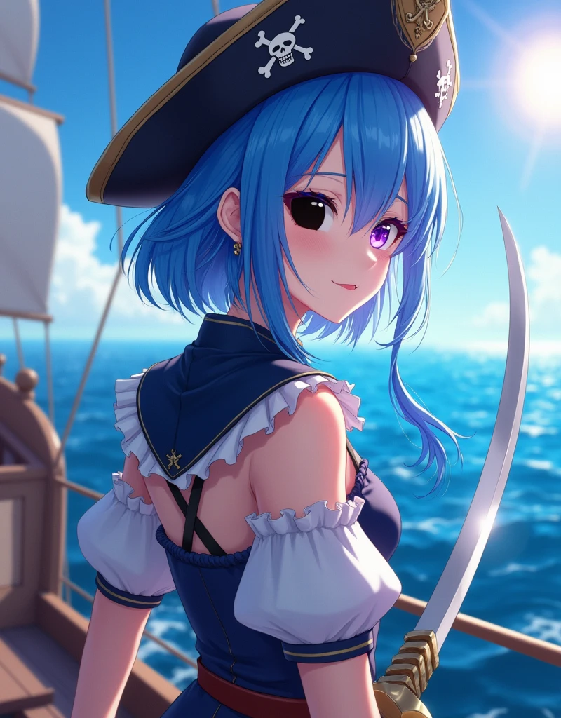 a sexy japanese woman wear pirate hat, pirate outfit, on a pirate ship, (detailed pirate ship), fog, soft light, (best quality), (masterpiece), slim, long legs, (flat chested), anime, (view from above), (blue hair)