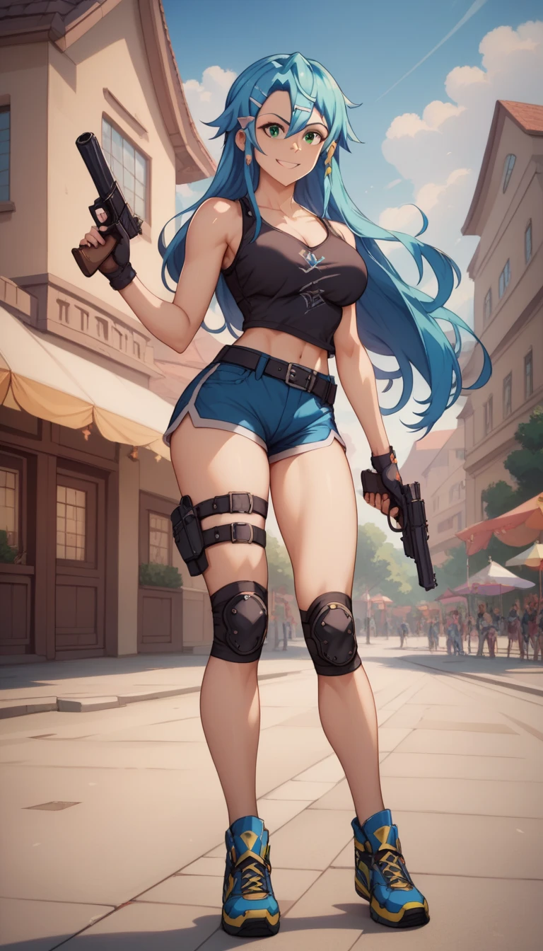 Super detailed,  1 girl, Otherwise, Sword Art Online II , ( best quality), ((masterpiece)), ( high definition ), 16k, green eyes,  perfect face, Long Hair,  blue hair, Hair accessories,  hair clips,  black shirt at festival parade ,  wear bootie shorts ,  Black Knee-High, thigh straps, Knee pads, ,  black gloves , belt,  sports shoes crossing the runway , Busty Body, Big Breasts and a Beautiful Ass , Highlights collarbone , foot, Hip, gun, holding gun,  Viewers, smile, Detailed full body, Thigh details,  street background