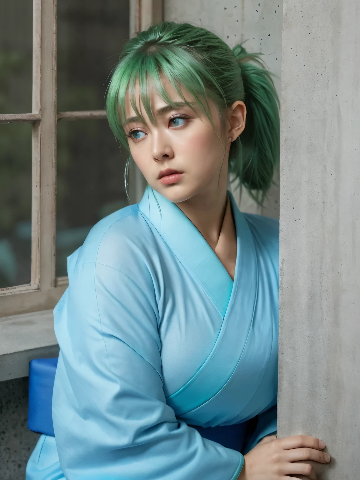 (highest quality:1.2, masterpiece:1.2), 8K, Professional Lighting, Cinematic Lighting, ultra realistic & detailed portrait of Yukina, Yu Yu Hakusho, (green hair, sidelocks, bangs, ponytail), (((bare shoulder, long sleeve, Japanese Kimono, light blue Kimono))), (detailed eyes, perfect eyes, fine eyes, clear eyes), (((ultra realistic narrow room, ultra detailed narrow room, concrete wall, concrete floor, window with iron bars))), ultra huge breasts, ultra huge cleavages, ultra huge tits, ultra huge boob, (nsfw:1.35), ((close up angle, zoom up angle)),  (((ultra realistic sadness eyes, ultra detailed sadness face))), sitting, spreading legs to viewer, (((ultra realistic hairy pussy, ultra detailed hairy pussy))), 