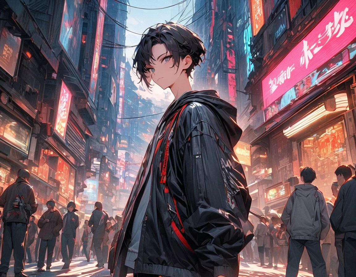 (((Best quality, 8k, Masterpiece: 1.3)), ((best quality)), ((masterpiece)), (detailed), perfect face, perfect body, (detailed skin:1.3), (intricate details), A young samurai boy with messy black hair stands in a dynamic pose on a bustling street of a near-future megacity. He wears modern, casual clothing, including a hoodie and sneakers, contrasted with the traditional elegance of the katana he wields in his right hand. His left hand is raised high, as if signaling or preparing for action, while neon lights from towering skyscrapers and holographic advertisements illuminate the urban setting. The streets are crowded with futuristic vehicles and people, but the boy’s focused expression and poised stance make him stand out as a striking figure in this fusion of tradition and modernity.