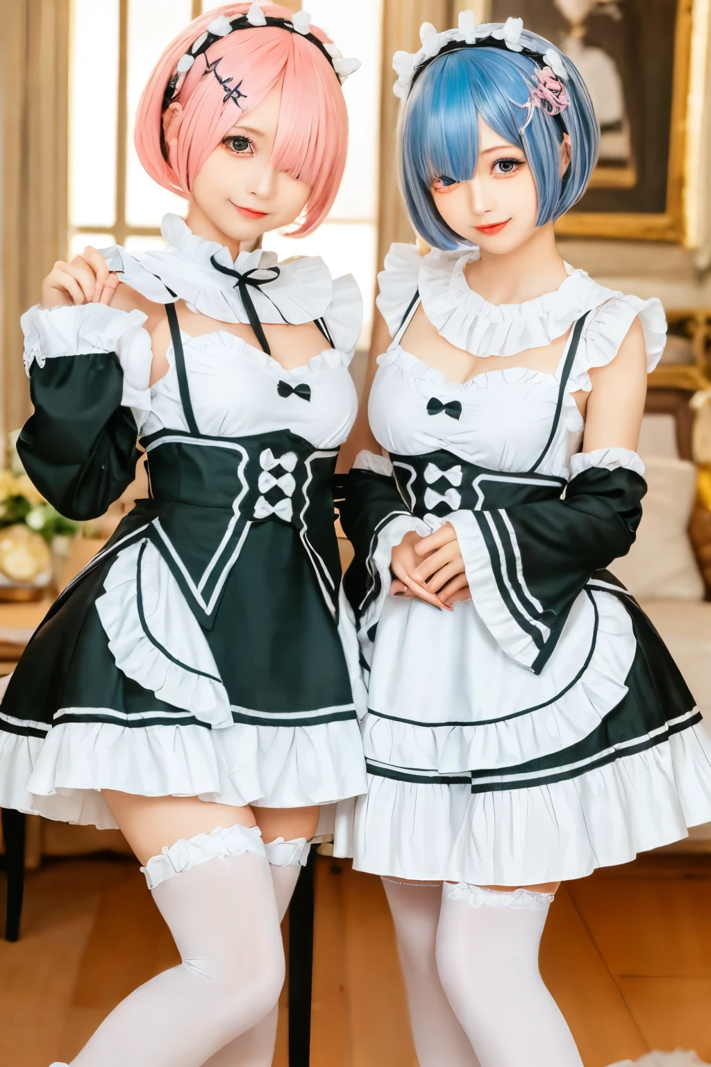 (8K, Photorealistic, Raw photo, of the highest quality: 1.3), (1girl in), Super beautiful, (Realistic face), (boyish, pink Color Berry Shorthair), Beautiful , Glare that captivates the viewer, Beautiful expression, Beautiful breasts, (Realistic skin), Be...Create a detailed and colorful image of Ram and Rem from Re:Zero, standing back-to-back in their maid outfits, with a magical fantasy background、14years old, two girls,cute, perfect face, beautiful, nice body, gothic ****ta clothes, gothic ****ta fashion, frilly skirt, headdress, necklace, bracelet, knee-high socks, boots, double eyelids, tear bags, Detailed down to the fingers, photo-like description, indoors, dim indoor lighting, one girl is pink hair and short bob, another girl is light blue hair and short bob,standing, sexy posing,whole body, composition that shows the whole body, smiling,The Both of them are wearing the same type of maid outfit,Optimal ratio of 4 fingers and 1 thumb