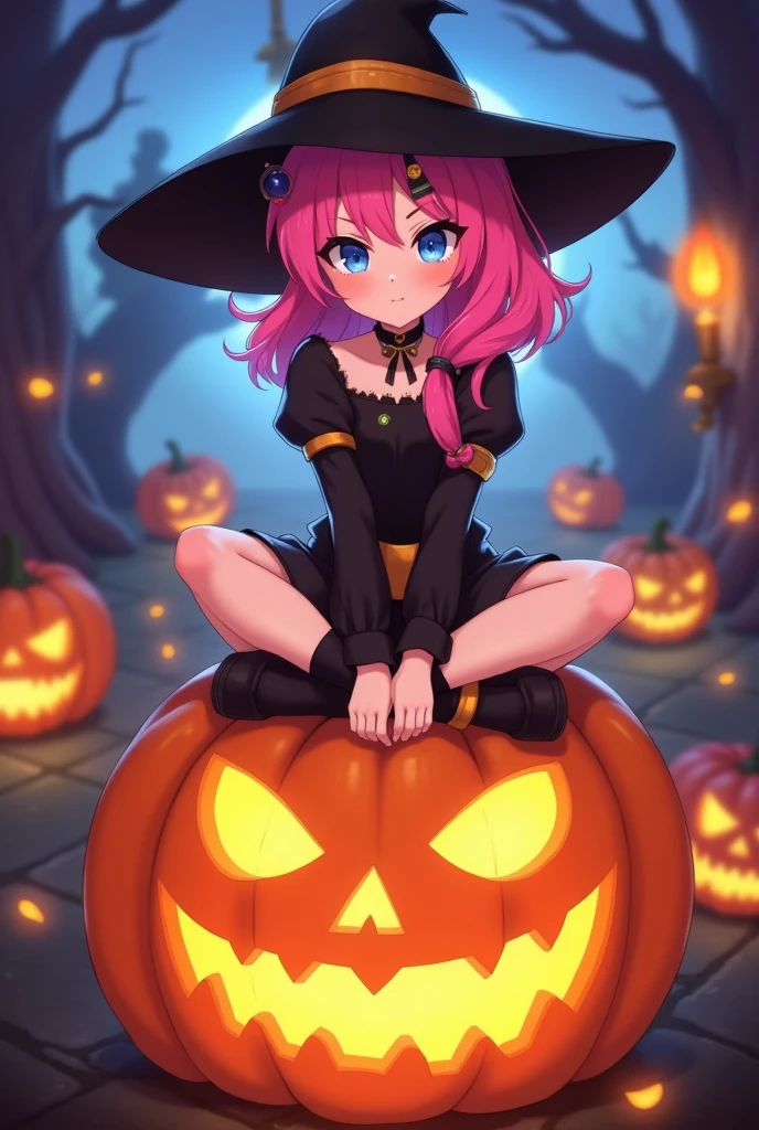 Halloween Makeup,Girl wearing a witch hat with her legs crossed on a pumpkin lantern,Stern expression,Full body photo,,  blue eyes,  pink hair, Hair accessories,  side lock,   side ponytail, 