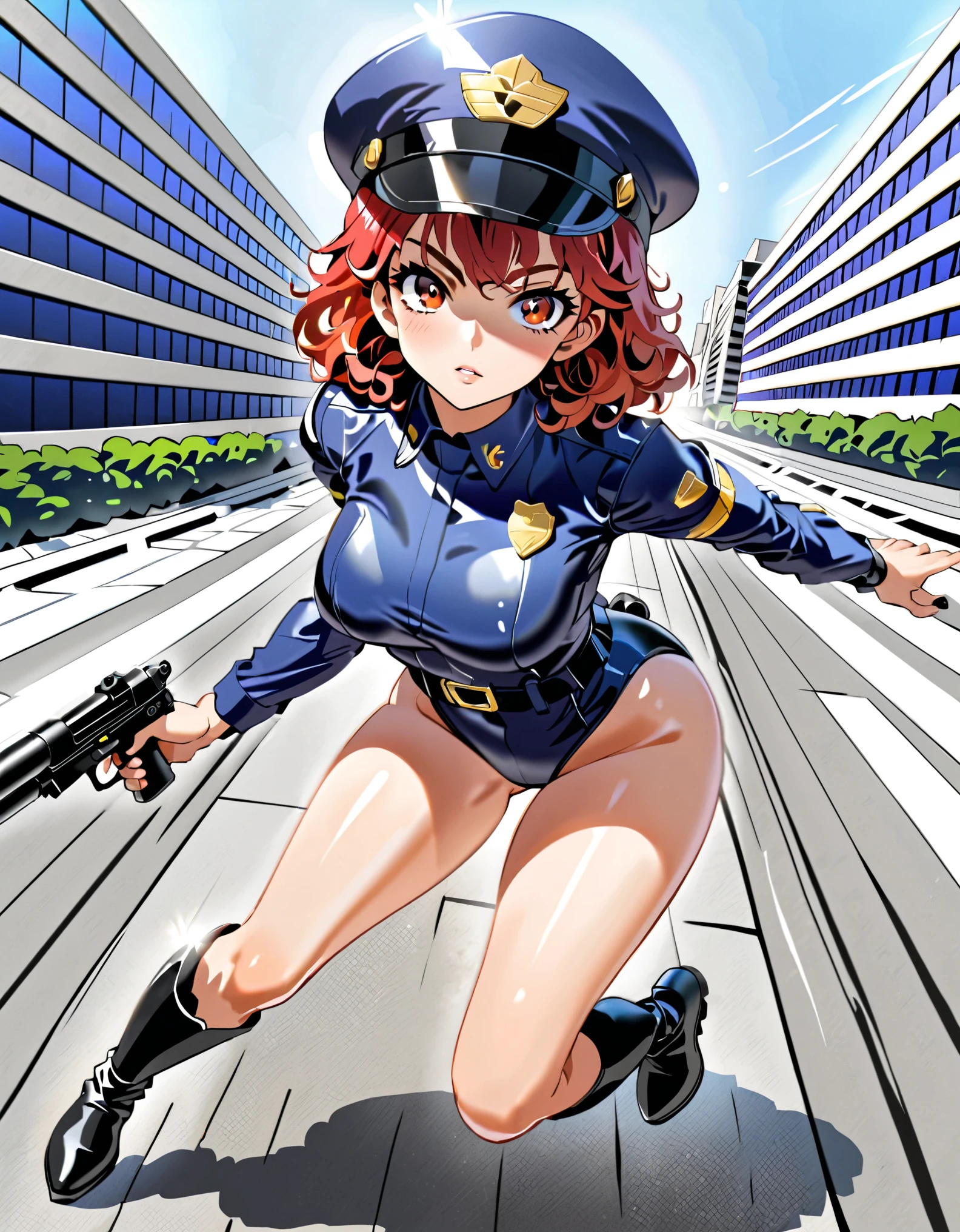 (masterpiece), (best quality), (high res),1girl, tall body, red hair, short hair, wavy hair, amber eyes, beautiful detailed eyes, beautiful detailed face, cute face, perfect hands, complete fingers, perfect anatomy, perfect proportions, ((hat, dark blue police hat)), ((leotard, matching leotard, bare legs)), ((boots, knee boots, matching boots)), breasts, medium breasts, fingerless gloves, (full body portrait), solo, solo focus, running, dynamic running pose, running at super speed, speed lines, speed force, serious expression, looking away, police uniform, tokyo street backdrop, outdoors, daytime (high waisted belt, tight belt), (armbands, long white sleeves), (using a pistol, Blastech DL-44 Heavy Blaster Pistol), full body costume design, dutch angle, sfw